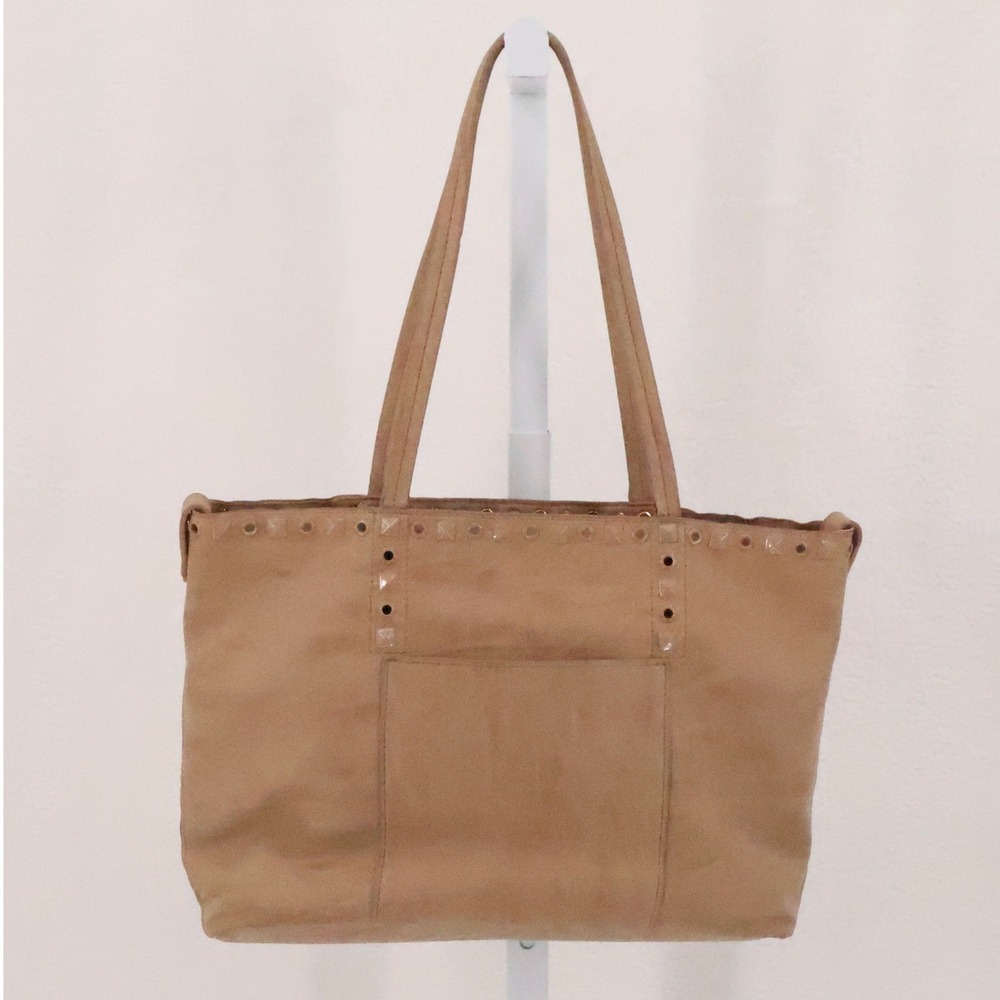 Sondra Roberts Studded Tote Bag Womens Large Tan Boho Faux Vegan Leather Neutral